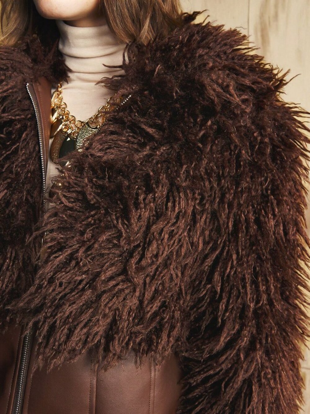 Brown Casual Women's Regular Fit Long Zipper Patchwork Faux Fur Short Jacket - Picture 3 of 8